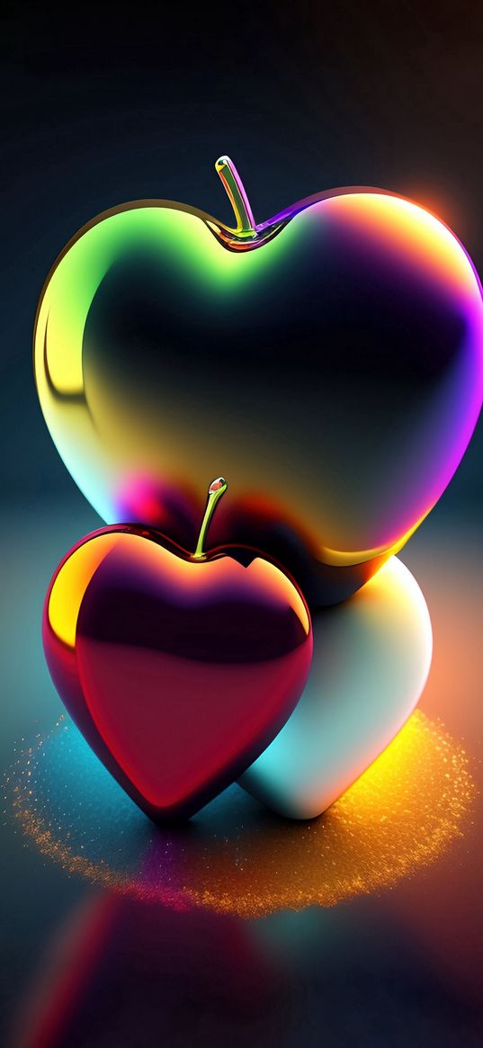 hearts, apples, neon, glare, color, 3d, art