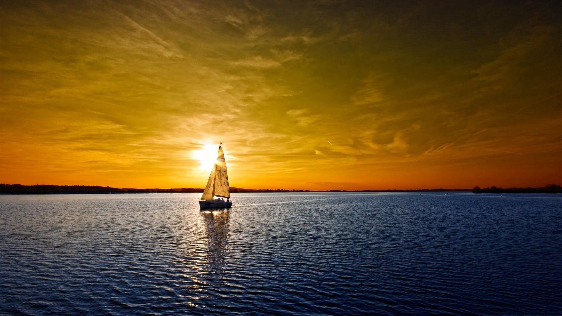 boat, sky, sea, sail, sunset, water