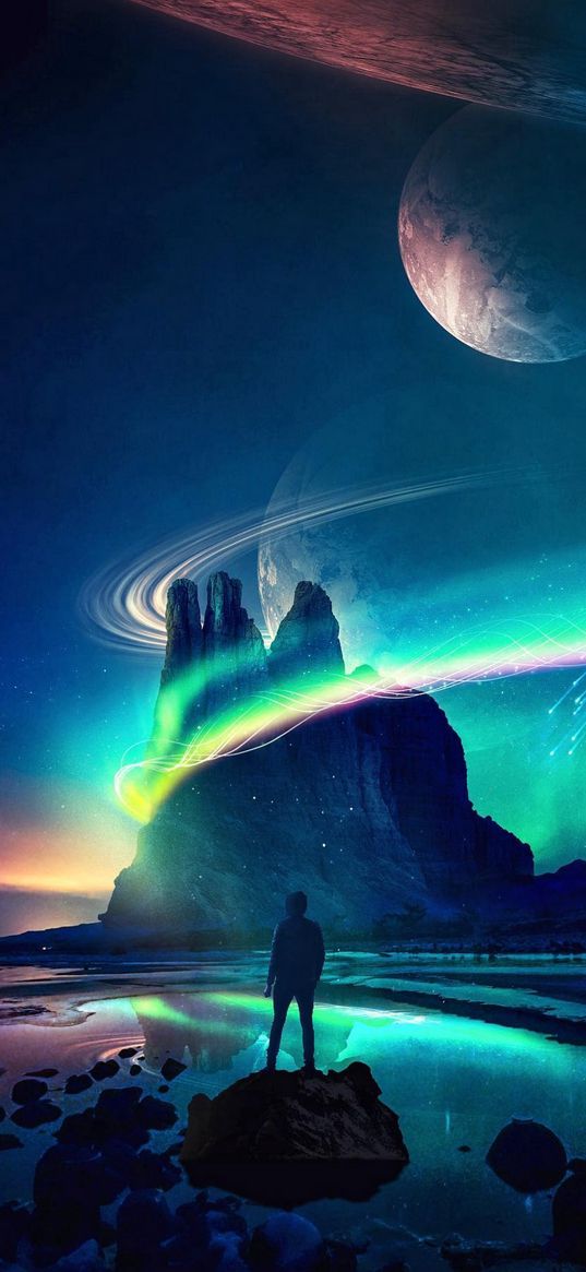 man, rocks, lake, mount, northern lights, blue sky, planets, comets