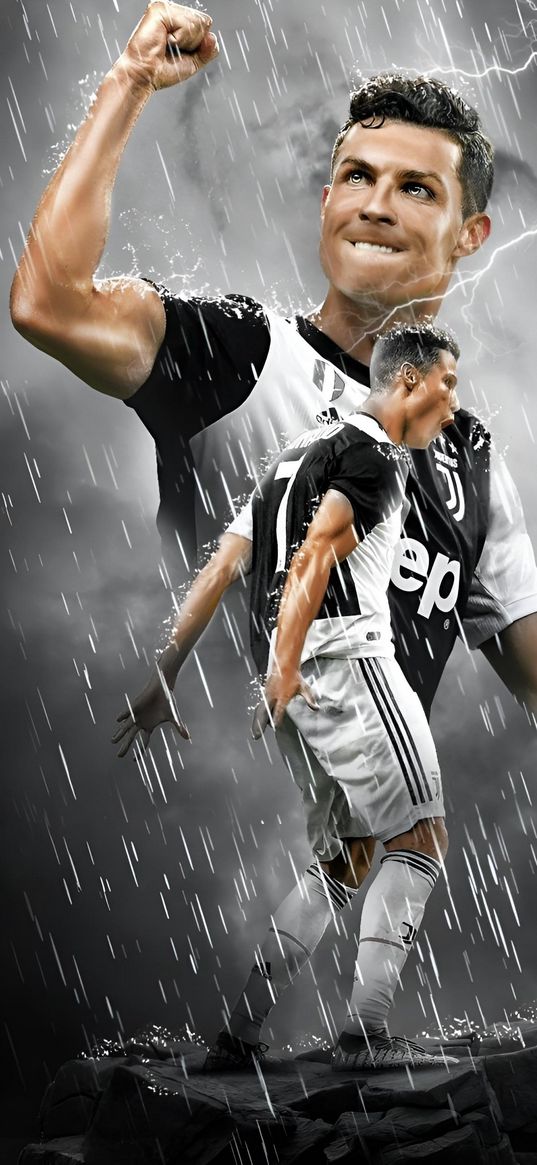 ronaldo, footballer, rain, lightning, photoshop, black, white