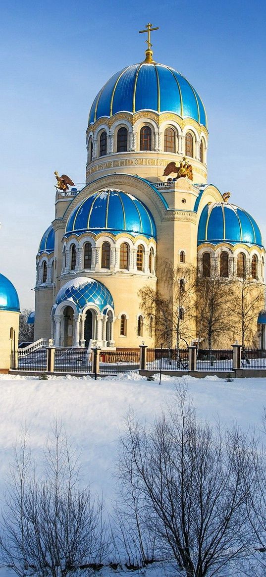 temple, snow, light, trees, winter