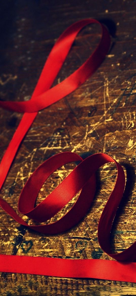 love, red, ribbon, plaque, surface