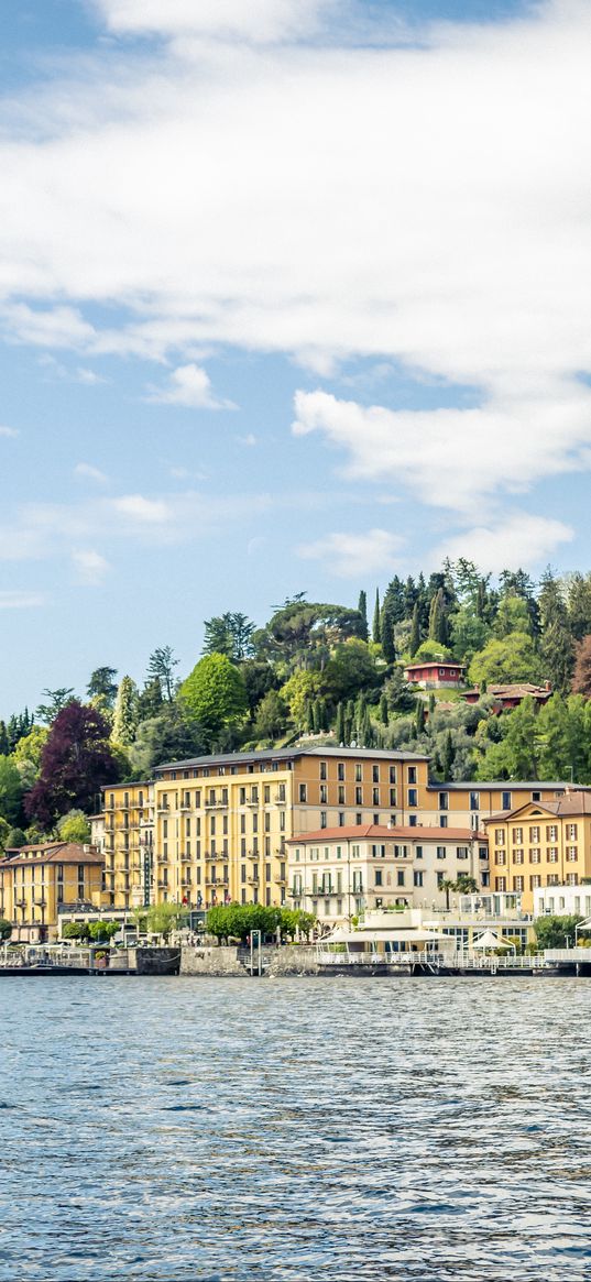 buildings, embankment, sea, trees