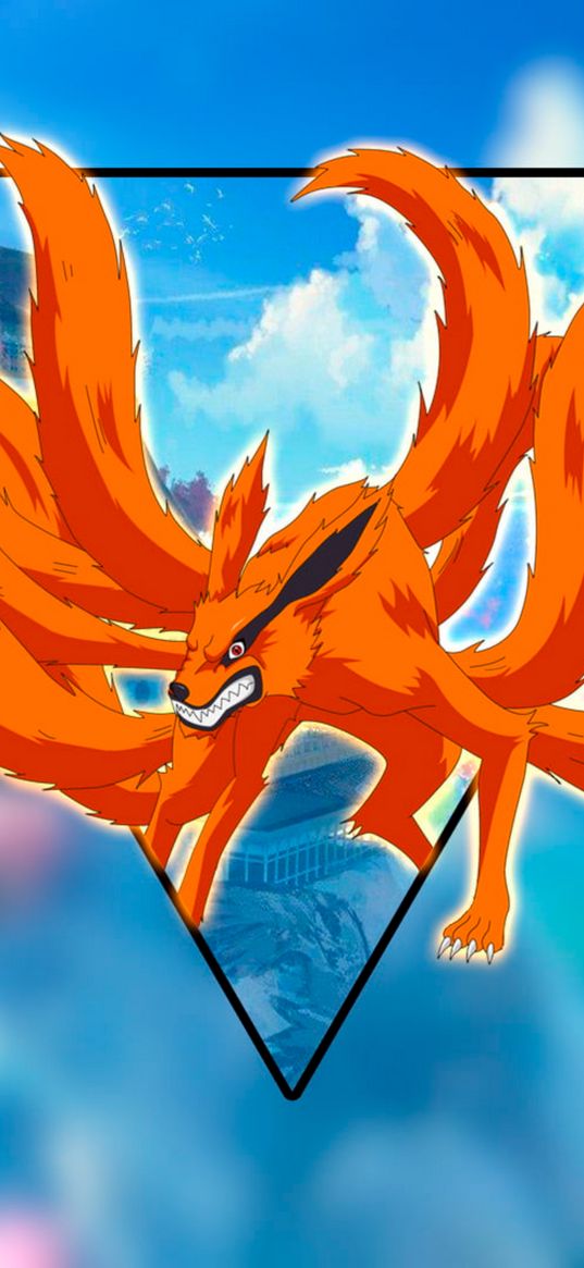 kurama, naruto, anime, fox, beast, city, triangle, art