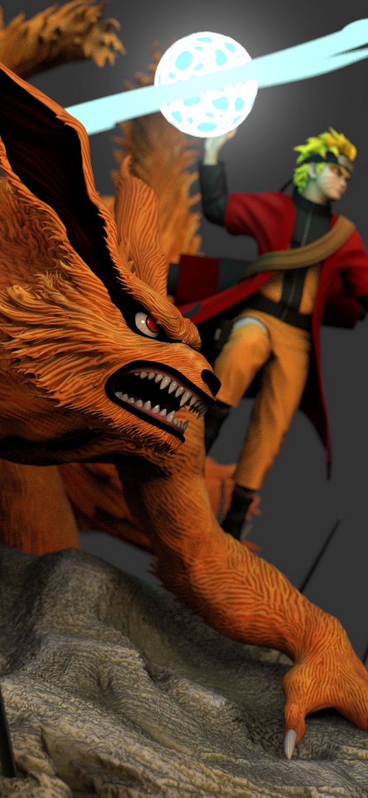 kurama, naruto uzumaki, anime, fox, beast, character, ball, digital art