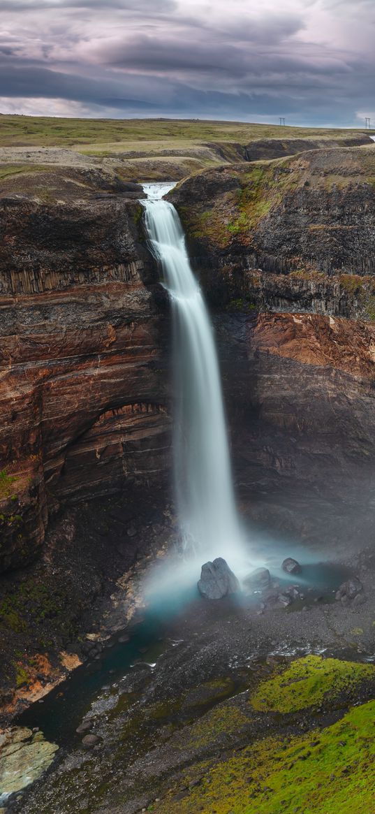 waterfall, rock, cliff, grass