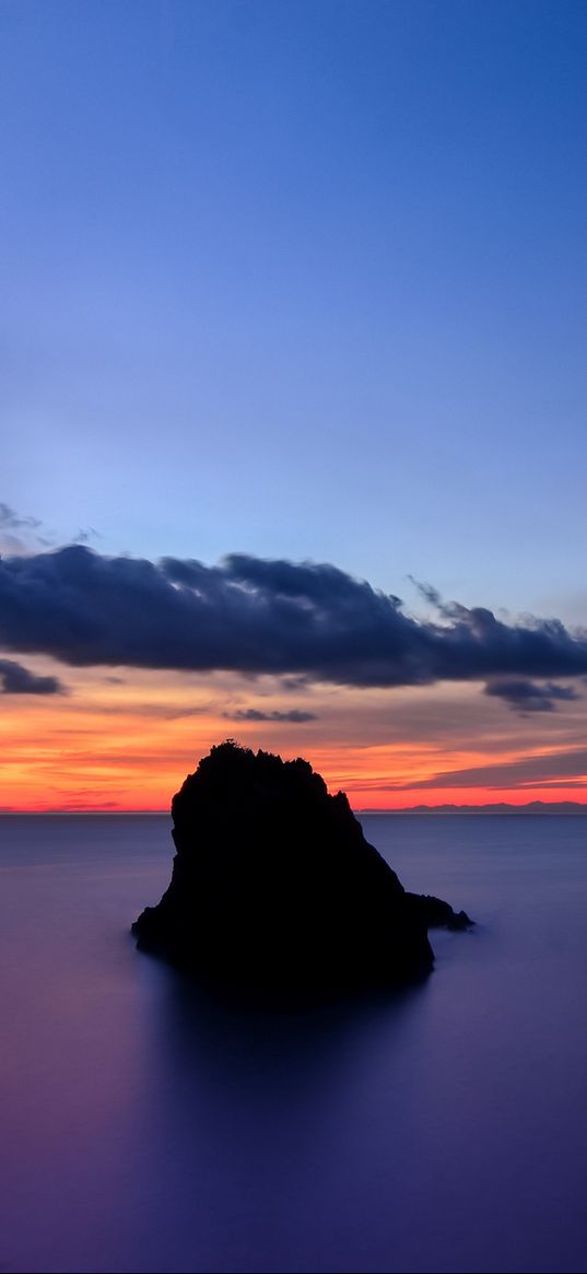 japan, shizuoka prefecture, island, beach, cliffs, ocean, calm, evening, orange, sunset, blue, sky, clouds