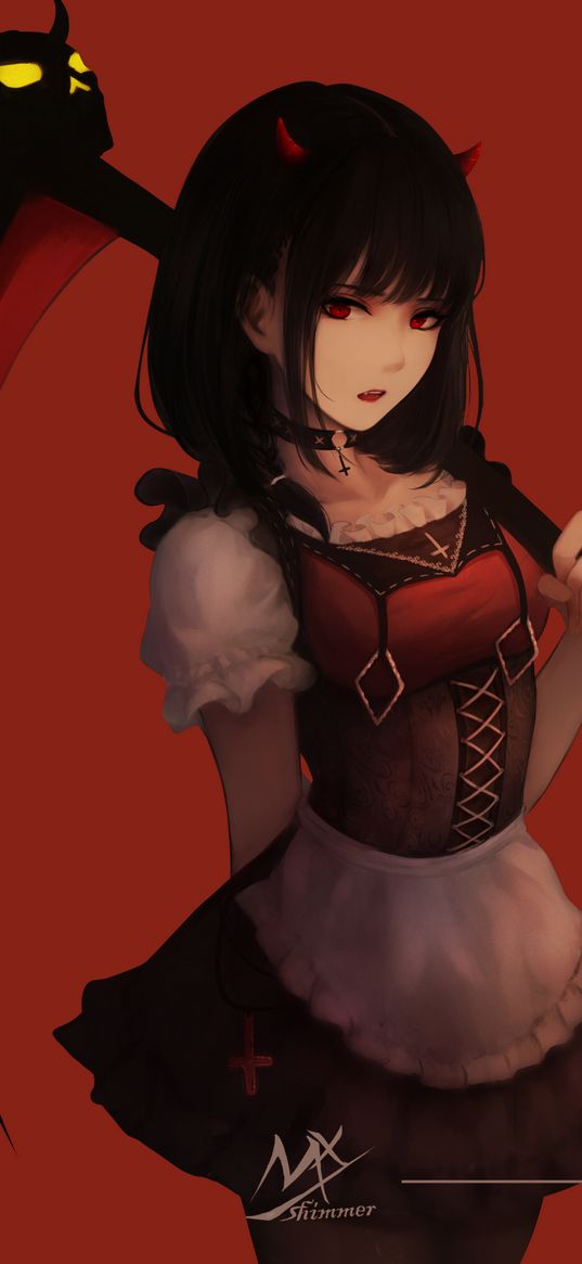 girl, demon, maid, horns, braid, dress, red background, anime, art