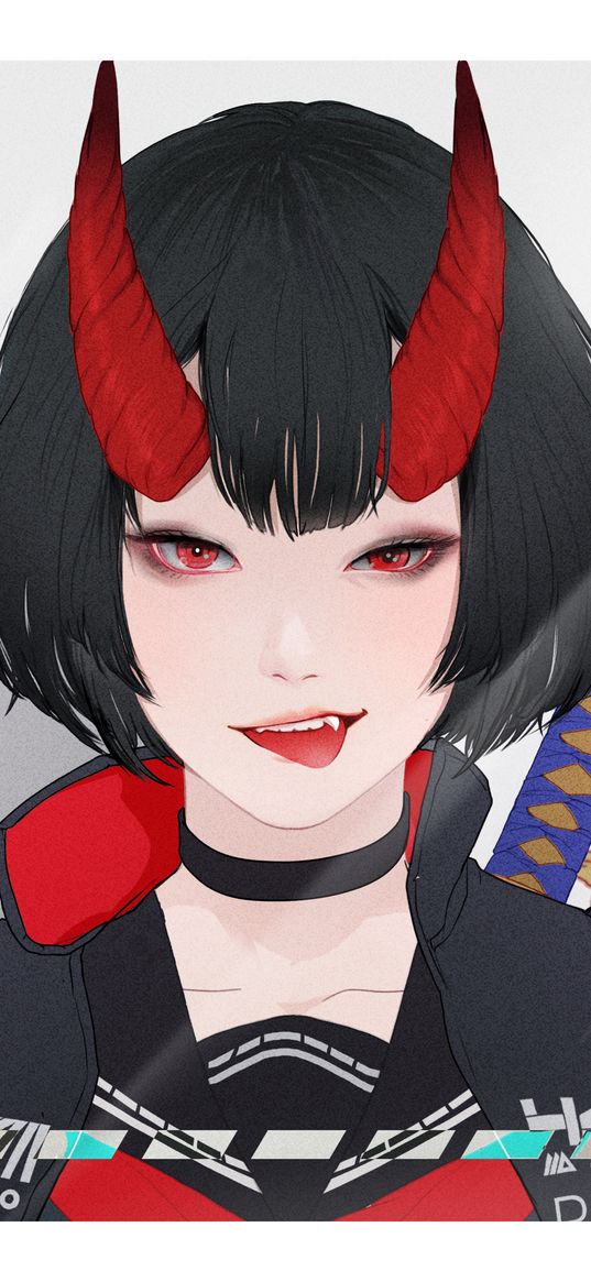 girl, demon, samurai, horns, katanas, armor, red eyes, fangs, tongue, anime, art