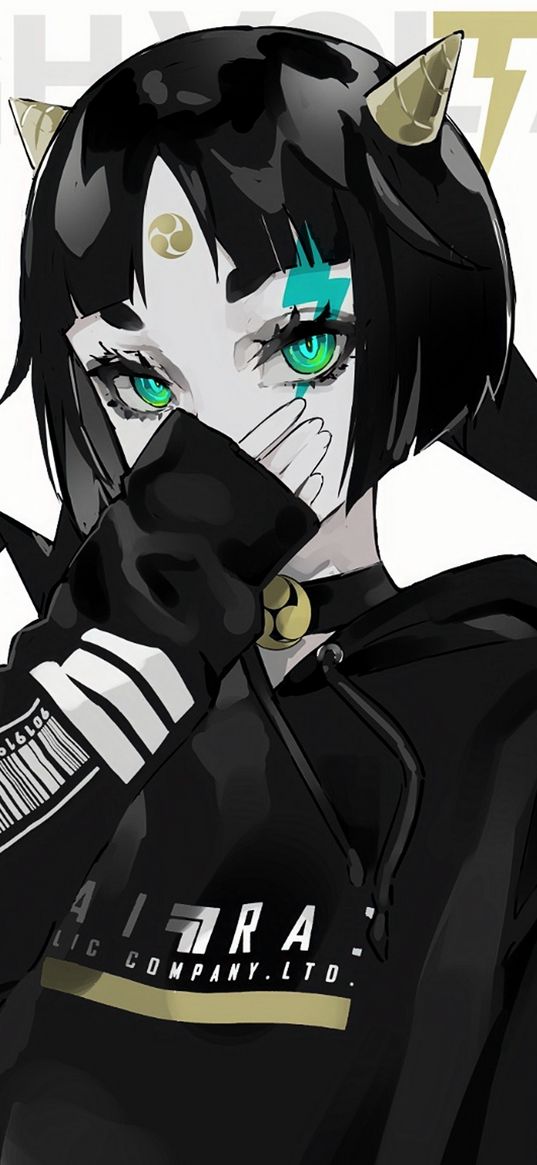 girl, horns, green eyes, short hair, hoodie, white background, anime, art