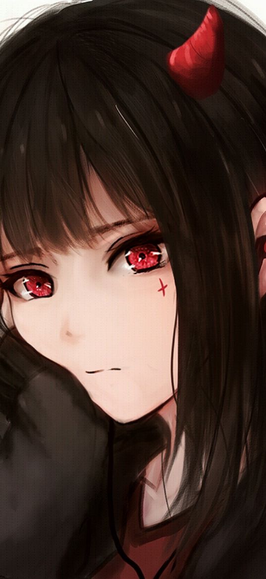 girl, devil, sad, red eyes, horns, white background, anime, art