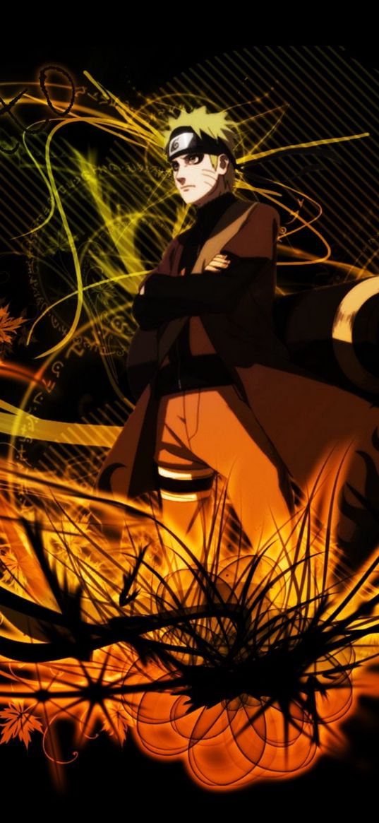 naruto uzumaki, anime, guy, ninja, fire, leaves, orange, black, art