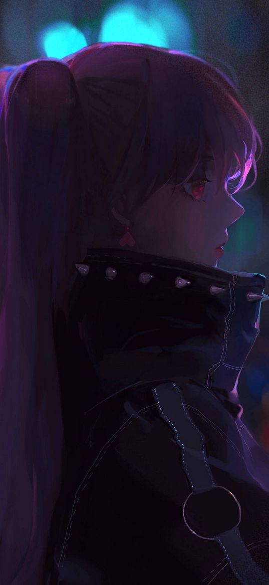 girl, pink hair, ponytails, red eyes, beautiful, jacket, street, night, anime, art