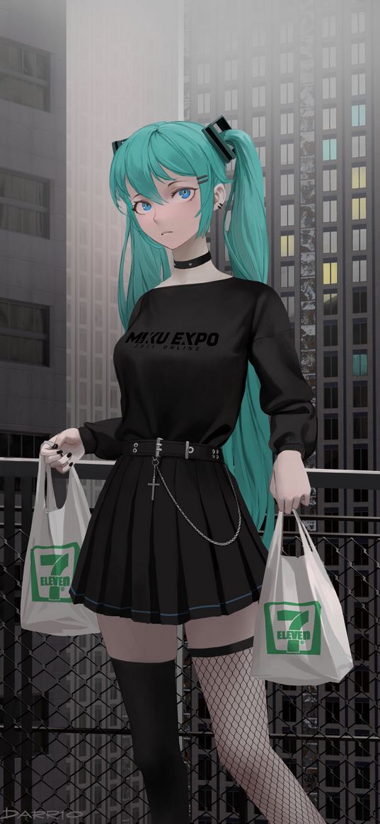 miku hatsune, vocaloid, anime, girl, green hair, ponytails, skirt, stockings, bags, street, city, art