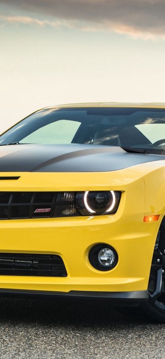 chevrolet, camaro, 1le, yellow, front, muscle car, road, tree, sky