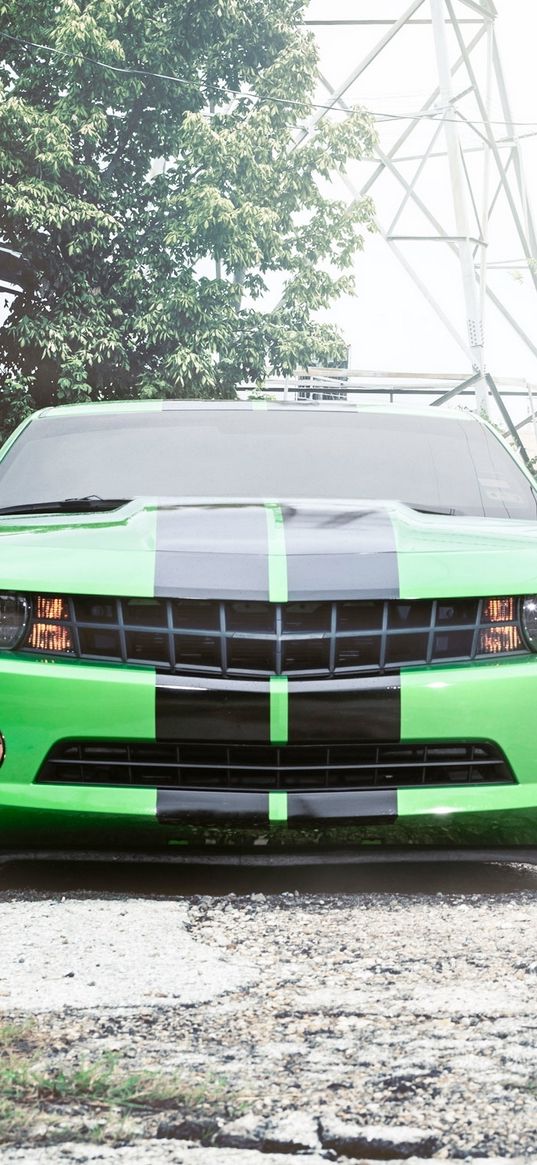 chevrolet, camaro, green, front, black, stripes