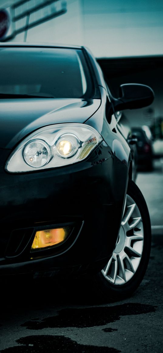 car, fiat, black, cinematic, headlight, wheel