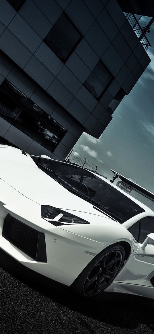 lamborghini, aventador, lp700-4, white, lamborghini aventador, side view, road, signs, building, window, sky, clouds