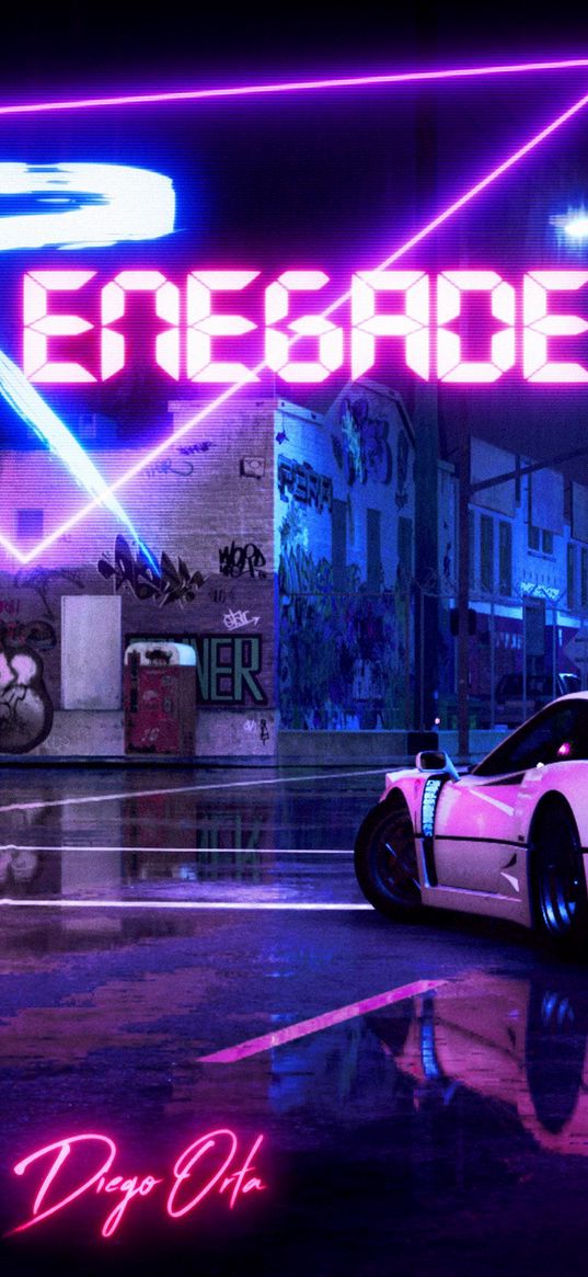 neon, city, car, signboard