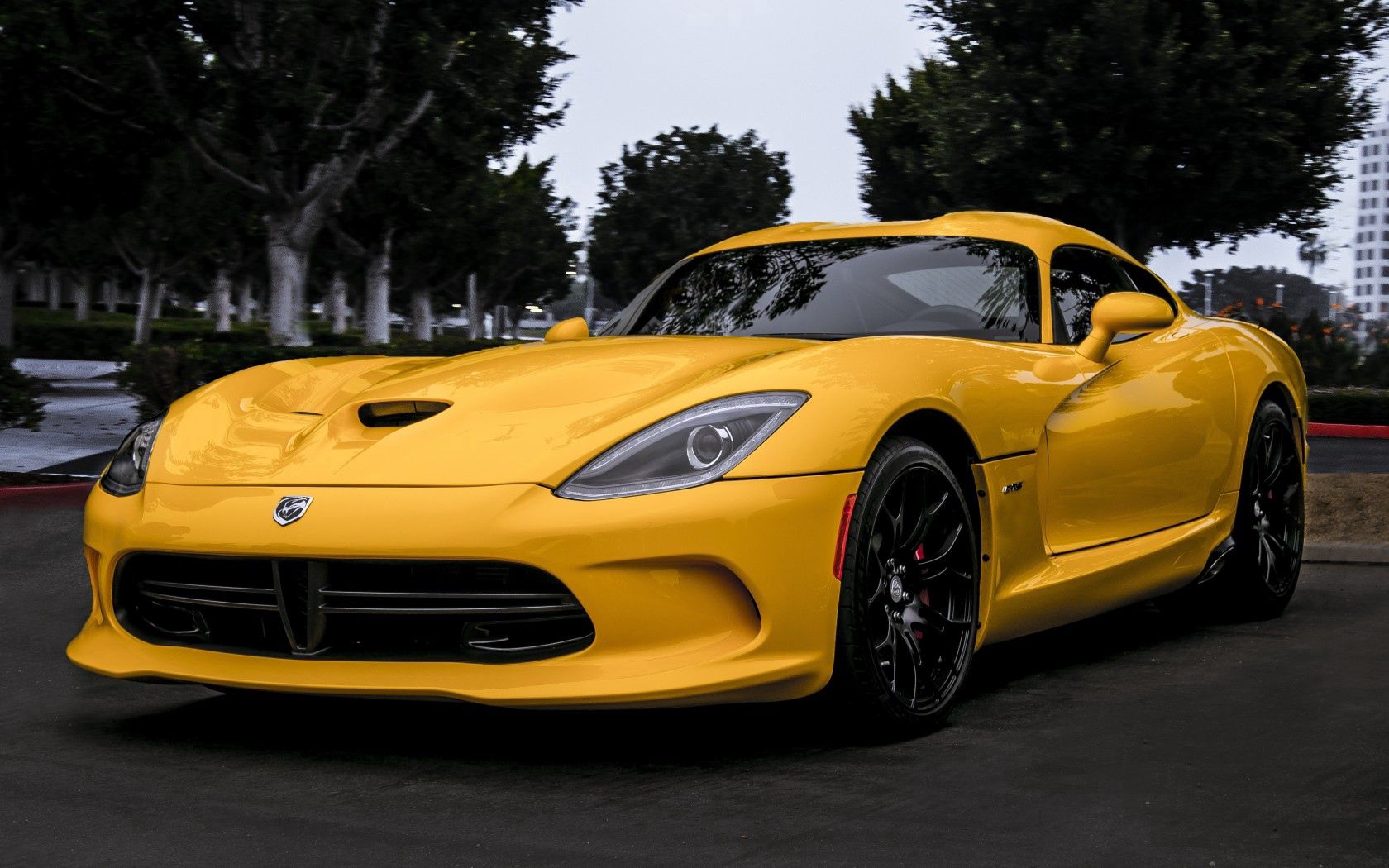 dodge, viper, yellow, front view, trees