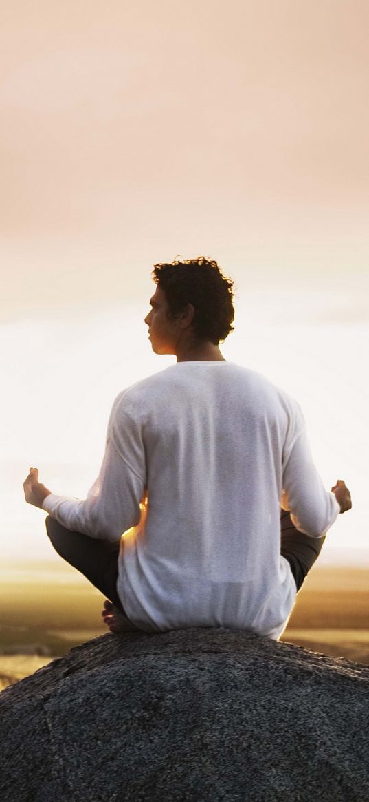 man, meditation, stone, field, morning