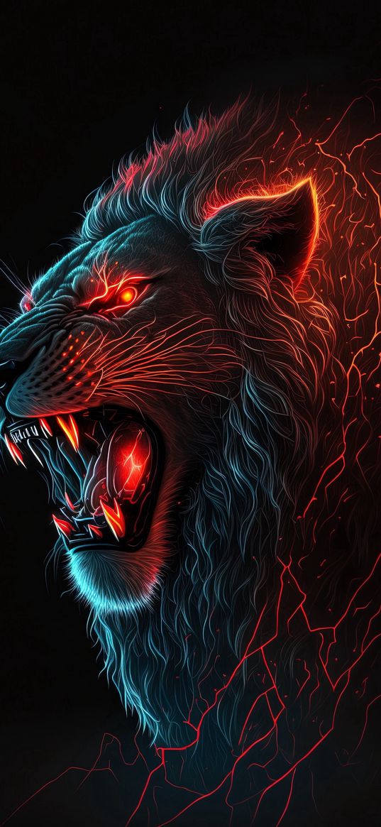 lion, animal, predator, lightning, contour, red, art