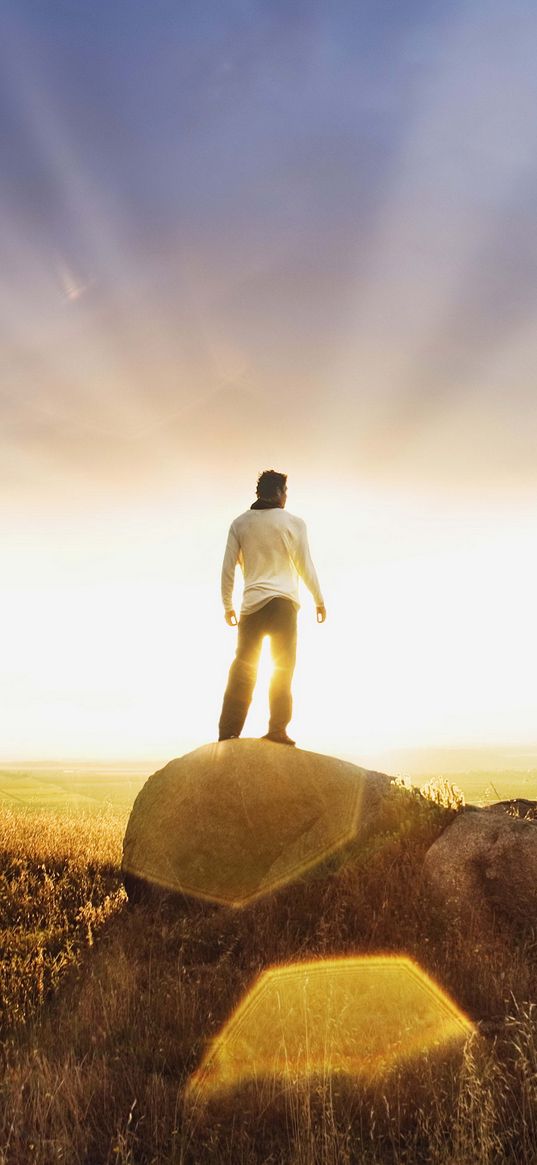 male, man, rays, sun, sunset, clearance, field