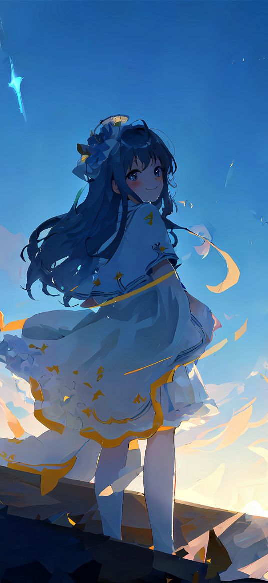 girl, smile, dress, wind, anime