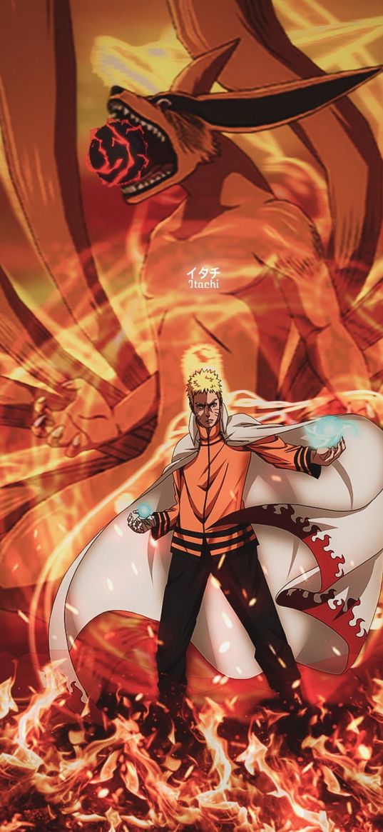 naruto, anime, character, hokage, fox, fire, art