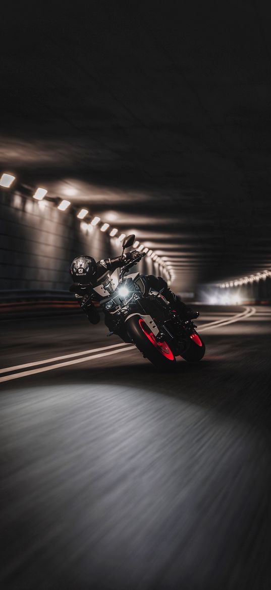 yamaha, motorcycle, speed, road, tunnel, dark