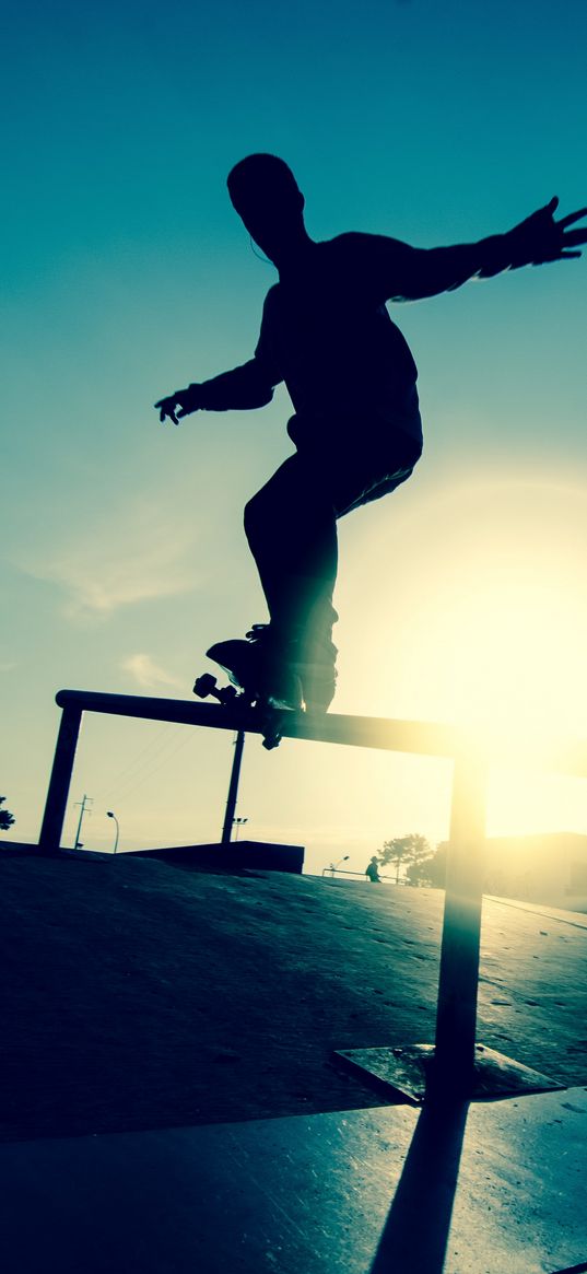 skate, board, athlete, railings, motion, silhouette, ice rink