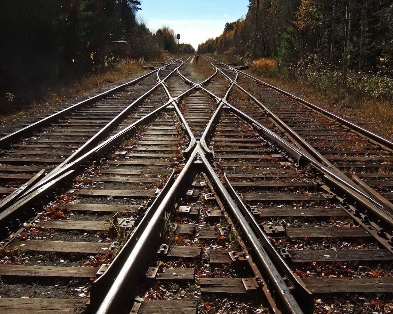 city, railroad, road, trees