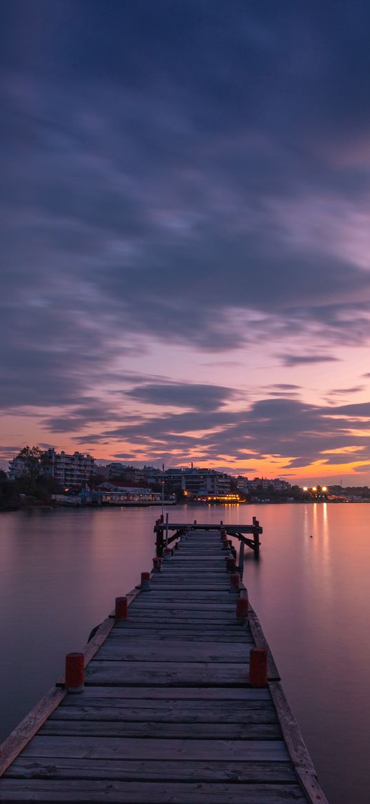 pier, sea, city, lights, sky, clouds, sunset