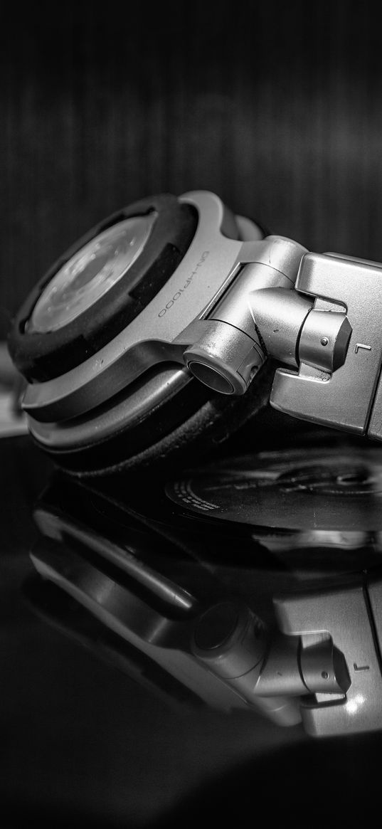 record, vinyl, headphones, table, reflection, black and white