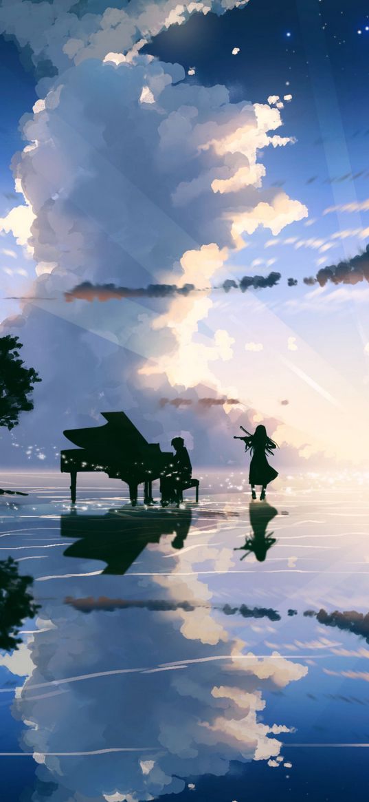 your april lie, anime, characters, silhouettes, musical instruments, water, sky