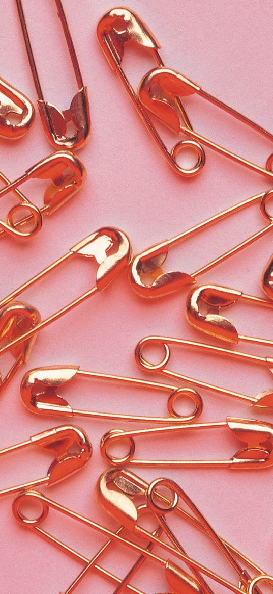 pins, metal, gold, pink background