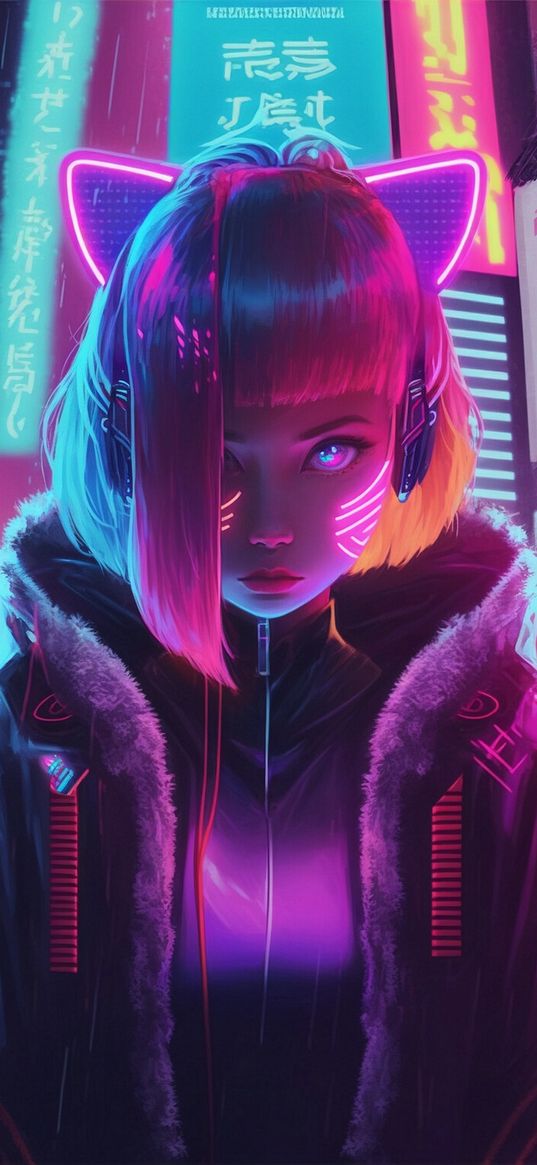 girl, ears, jacket, buildings, billboards, neon, art