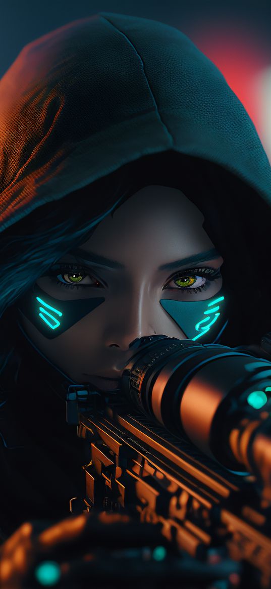 girl, sniper, rifle, hood, disguise, cyberpunk, digital art