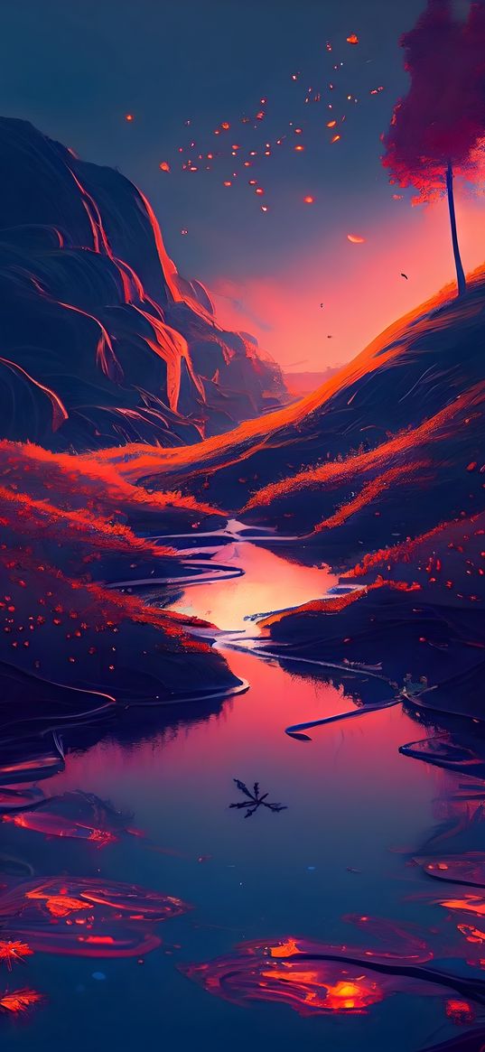 stream, hills, mountain, night, trees, art