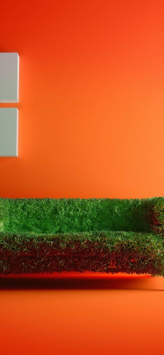 couch, grass, room, orange background