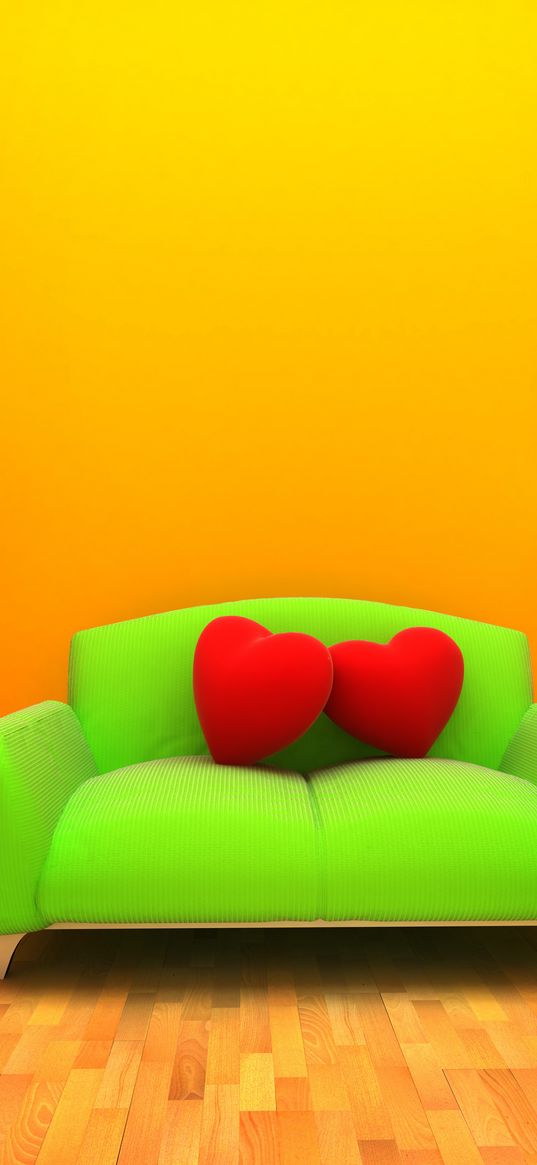 sofa, heart, room, 3d graphics, orange background