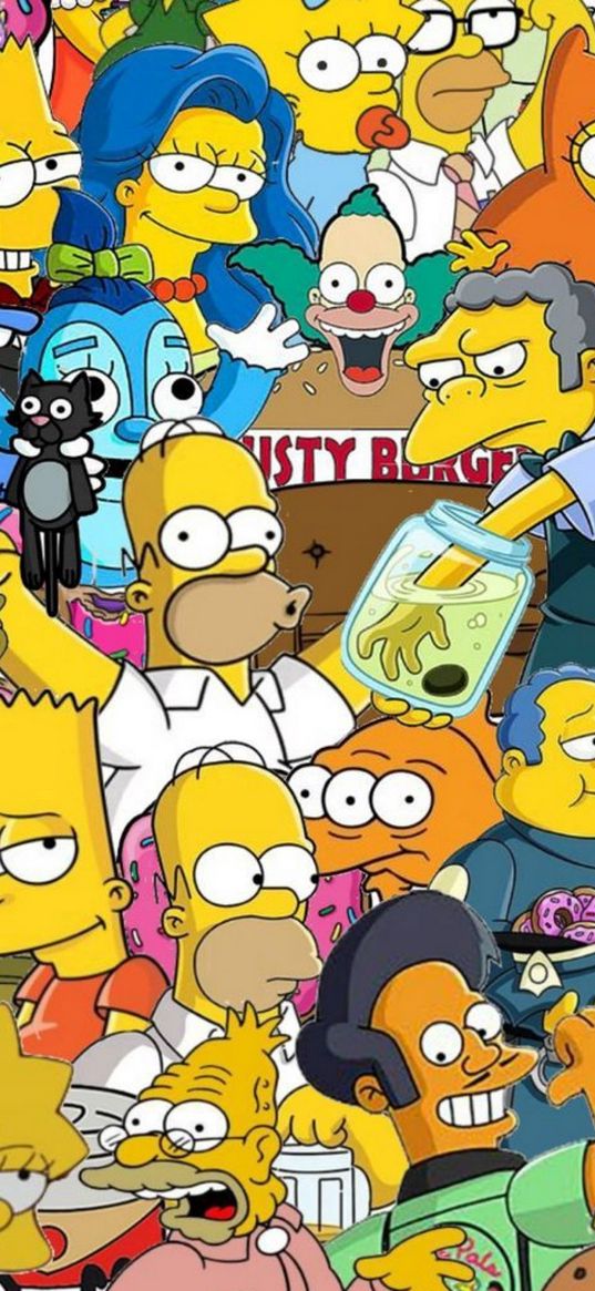 simpsons, characters, cartoon, collage, color