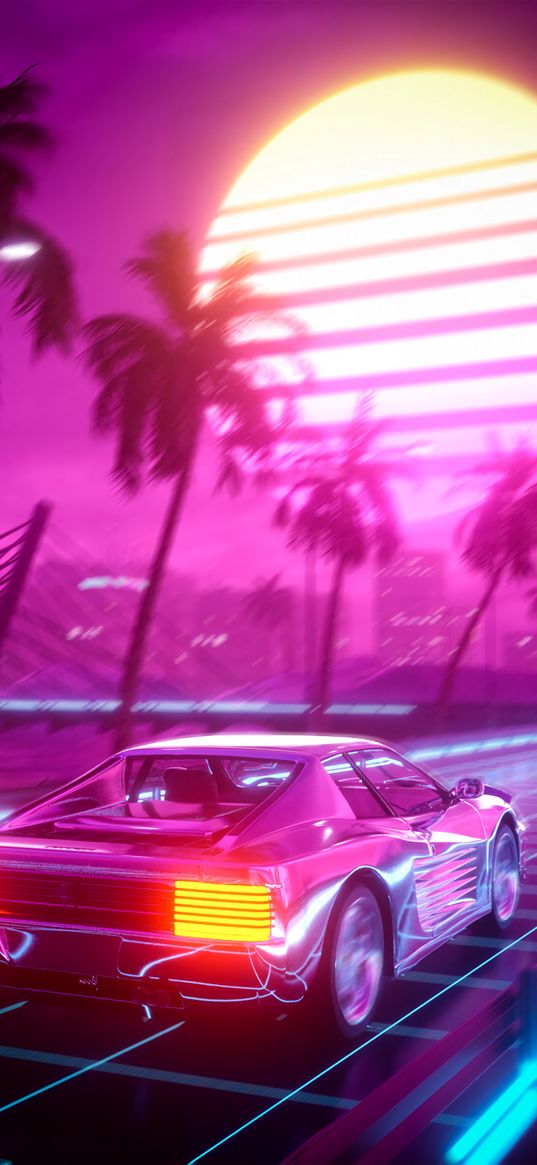 car, palm trees, sun, neon, art, retrowave