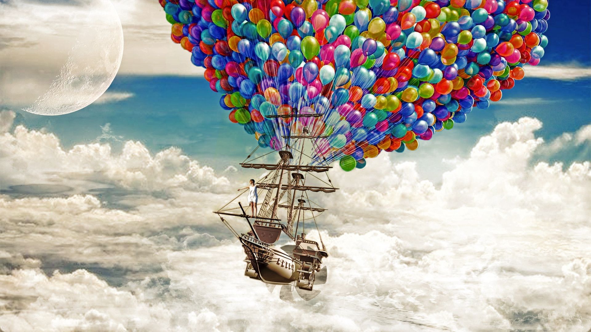 ship, sky, balloons