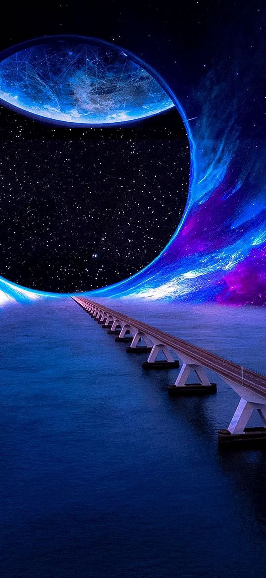 bridge, wormhole, space, planet, stars, fiction, art, blue