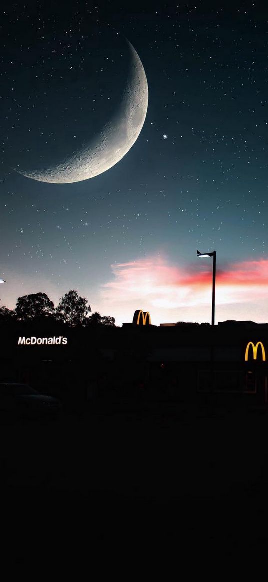 city, trees, mcdonalds, clouds, starry sky, moon