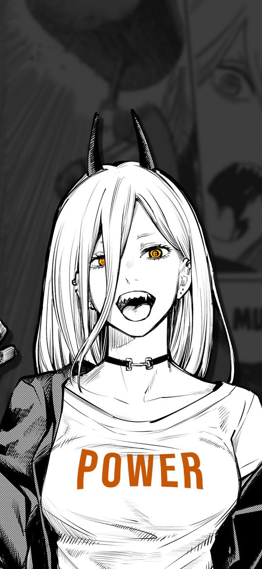 power, chainsaw man, anime, girl, horns, fangs, comic, black and white, art