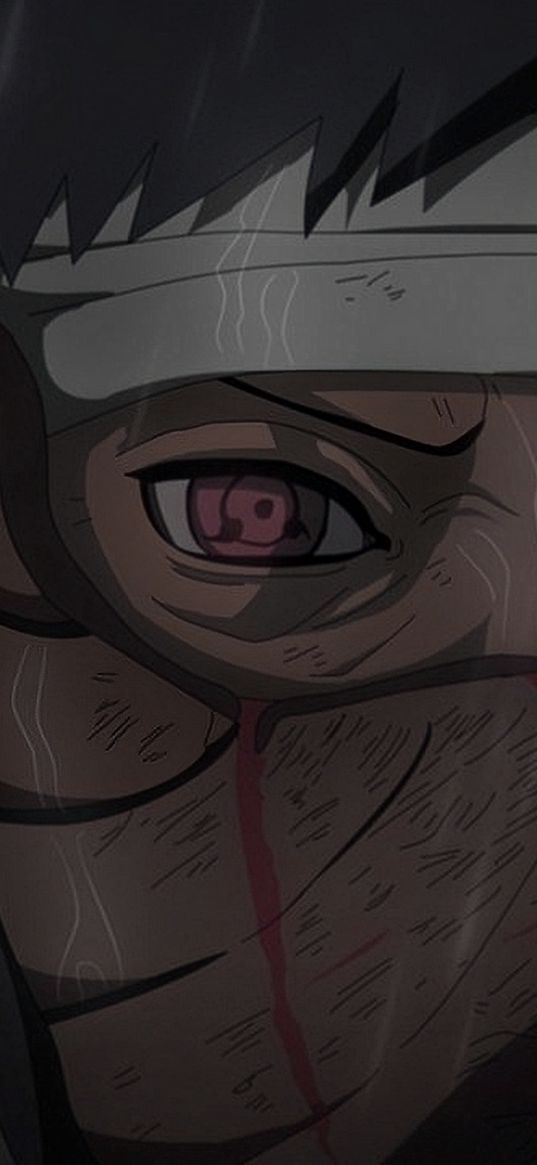 obito uchiha, naruto, anime, character, mask, eye, sharingan, bandage, art