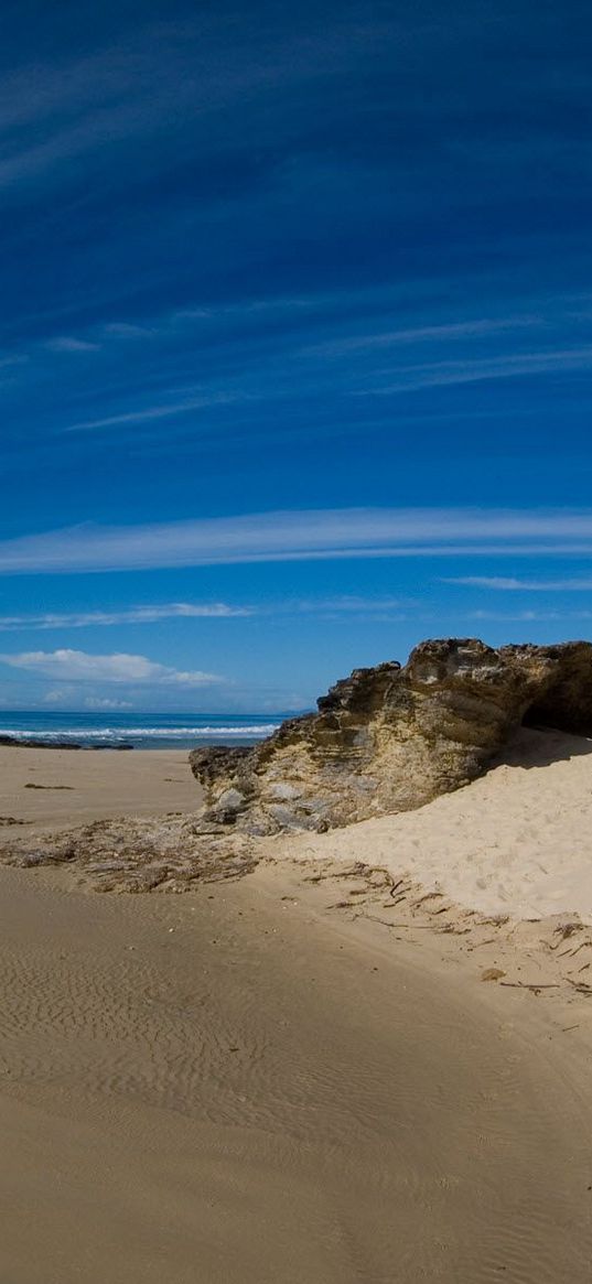 clouds, sky, stones, sand, coast, strips