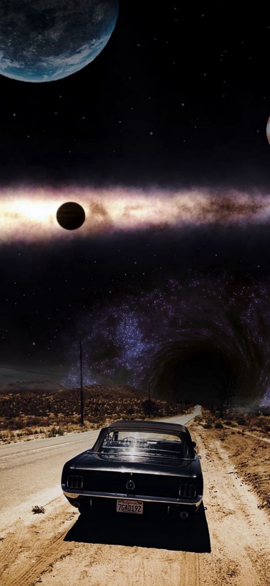 car, road, savannah, black hole, planets, space